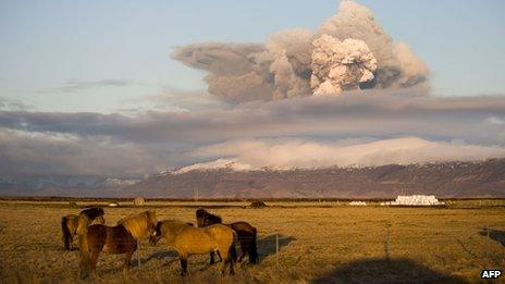 Smoke billows from a volcano in Eyjafjallajokull on 16 April 2010