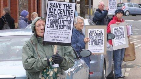 Pensioners protesting outside the day centre