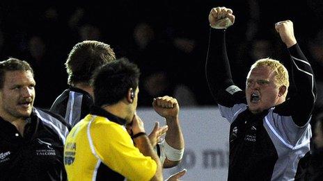 Kevin Wells celebrates Newcastle's win over Gloucester