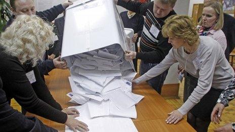 Election officials counting ballots in Russia