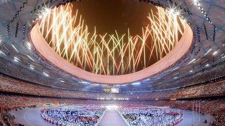 Beijing opening fireworks seen from inside the "Birds Nest" stadium