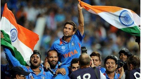 Sachin Tendulkar after India won the World Cup cricket in 2011