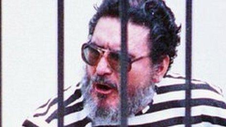 Former Shining Path leader, Abimael Guzman, in a high security jail in Lima, 08/10/1992