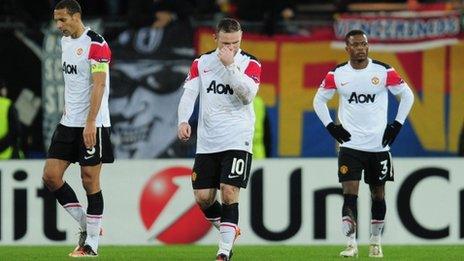 Rio Ferdinand, Wayne Rooney and Patrice Evra after Manchester United's defeat