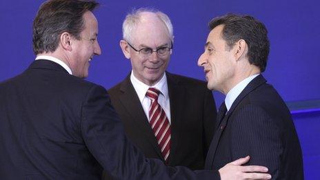 David Cameron, European Council President Herman Van Rompuy and French President Nicolas Sarkozy