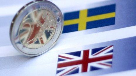 Two-euro coin with flags of Sweden and the UK (9 December 2011)