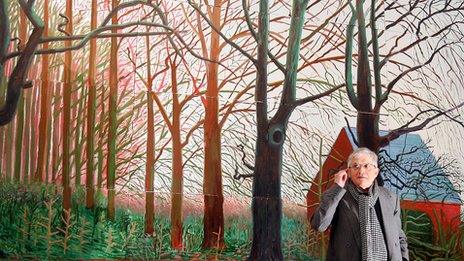 Artist David Hockney stands by his oil painting "Bigger Trees Near Warter"