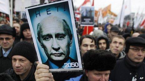 Demonstrator holds a manipulated photo of Vladimir Putin with the words 'No! 2050' at a protest rally in Moscow, Russia, on 10 December 2011