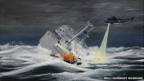 Artist's impression of the rescue of the Bonita with Guernsey's lifeboat in the foreground