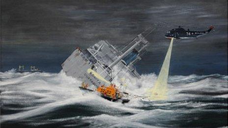 Artist's impression of the rescue of the Bonita with Guernsey's lifeboat in the foreground