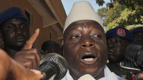 The Gambia's President Yahya Jammeh speaks to journalists on 24 November 2011