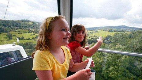 Passengers in a cable car at The Heights of Abraham in the Peak District