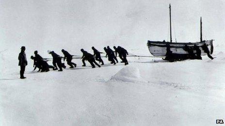 Sir Ernest Shackleton watches his crew haul the James Caird after their ship, Endurance, broke up (Imperial Trans-Antarctic expedition 1914 - 1916)