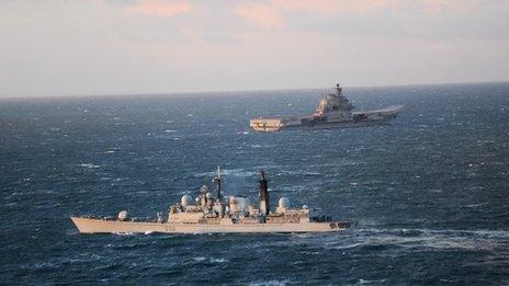 HMS York and Admiral Kuznetsov. Pic: Reuters/Royal Navy/MoD