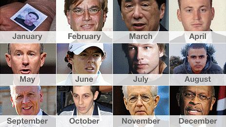 Left to right: Mohammed Bouazizi, Aaron Sorkin, Naoto Kan, Ronan Kerr (top) William McRaven, Rory McIlroy, Anders Breivik, Mark Duggan (middle) Alan Graham, Gilad Shalit, Mario Monti, Herman Cain (bottom)