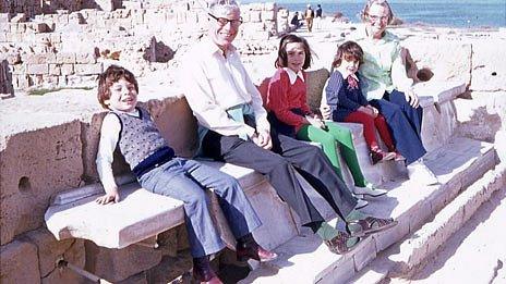 Tarik with his sisters and English grandparents at the Roman toilets in Sabratha