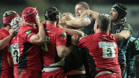 Tempers flare between the Saracens and Ospreys players