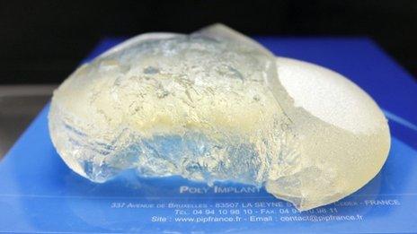 A defective silicone gel breast implant, which was removed from a patient and manufactured by French company Poly Implant Prothese