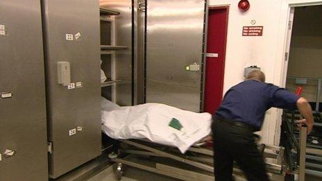 Staff attending a body at Edinburgh City Mortuary