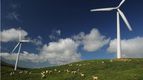 Wind turbines and sheep on a hillside