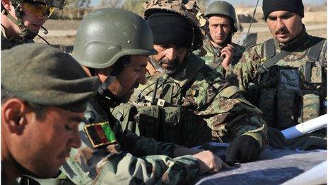 Afghan soldiers studying a map