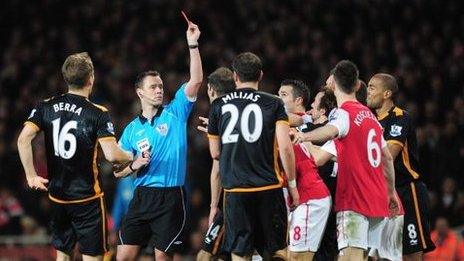 Wolves midfielder Nenad Milijas is sent off during the 1-1 draw with Arsenal