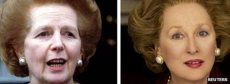 Mrs Thatcher in 1997, left, Meryl Streep portraying her in The Iron Lady