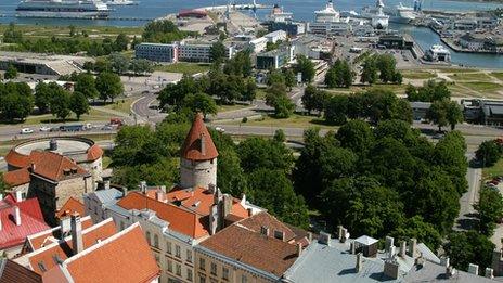 Tallinn's Old Town in the foreground, with the port in the distance
