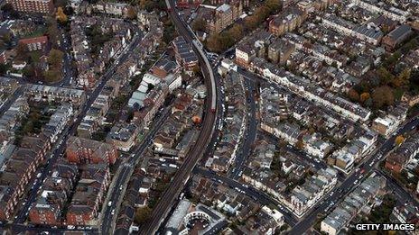 Aerial shot of train line in London