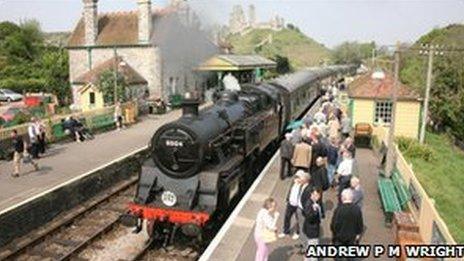 Corfe Castle railway station on Swanage Railway. Copyright of Andrew P M Wright.
