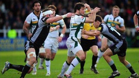 Northampton Saints full-back Ben Foden makes a break during the Premiership match against Newcastle Falcons