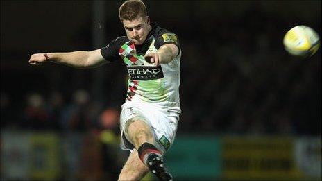 Rory Clegg of Harlequins kicks the winning penalty during the Premiership match against Exeter Chiefs