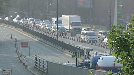 A queue as drivers wait to leave the A4 before the Hammersmith Flyover in west London