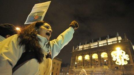 Protester in central Budapest - 2 January