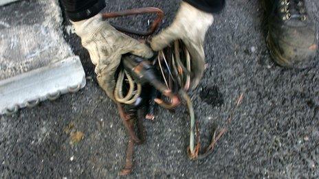 Hands grasp copper wire