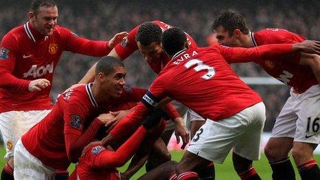 Manchester United celebrate their 3-2 win over Manchester City in the FA Cup third round