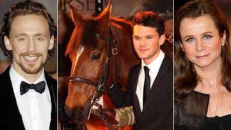 War Horse stars Tom Hiddleston, Jeremy Irvine (with 'Joey') and Emily Watson