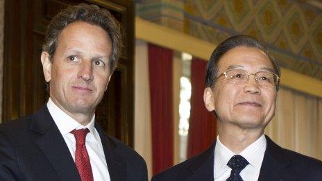 US Treasury Secretary Timothy Geithner (left) with Chinese Premier Wen Jiabao