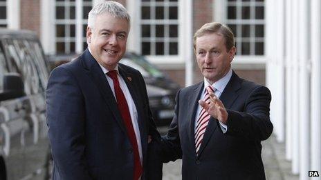 First Minister of Wales Carwyn Jones (left) is greeted by Taoiseach Enda Kenny at Dublin Castle for the the British-Irish Council summit.