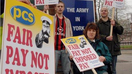 Ministry of Defence civil service staff holding banners on the picket line during a strike over pay