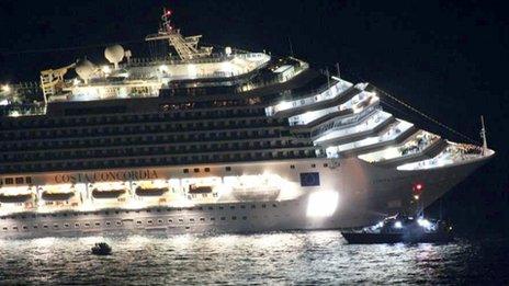 Costa Concordia aground off Giglio with rescue boats nearby