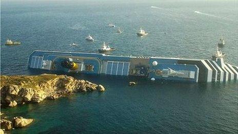 Costa Concordia seen from land (14 January 2011)