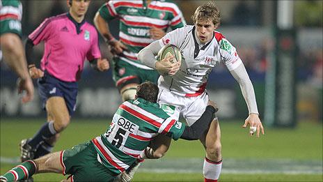 Leicester full-back Geordan Murphy tackles Andrew Trimble of Ulster