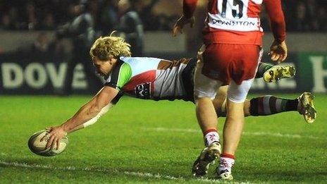 Matt Hopper dives over to score for Quins