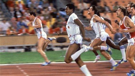 Allan Wells (left) winning the Olympic 100m gold medal from Silvio Leonard (second left)