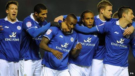 Leicester celebrate scoring against Nottingham Forest