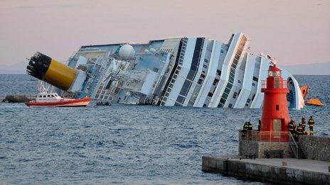 Costa Concordia seen from the harbour at Giglio (18 January)