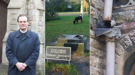 Vicar Matthew Tomlinson; base of stolen Barbara Hepworth statue and damaged guttering at St Augustine's Church