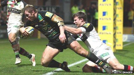 Roger Wilson goes over for a try against Harlequins earlier this month