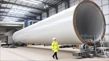 A wind turbine tower in the Mabey Bridge factory